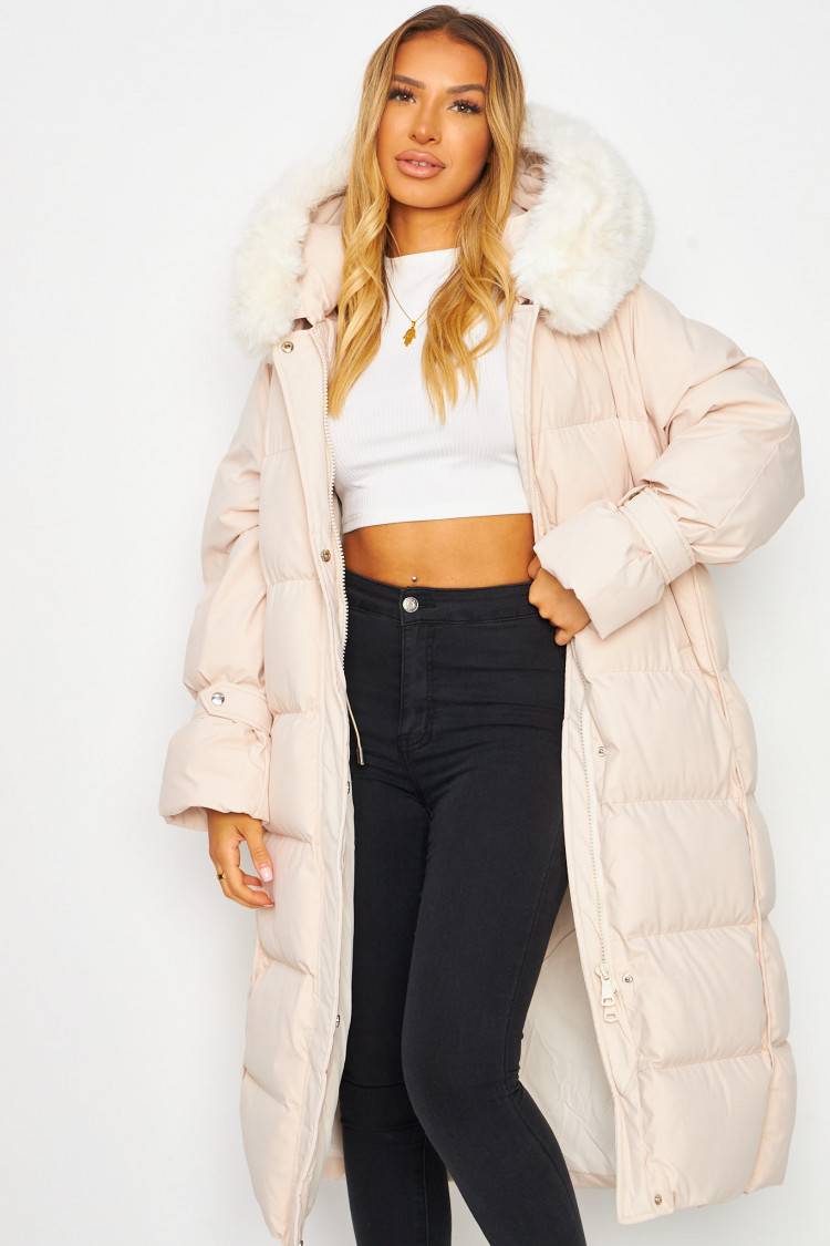 Doudoune longue beige à capuche