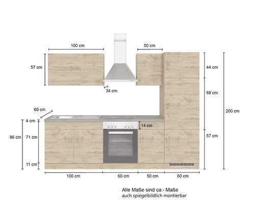 Held Furniture keukenblok met apparatuur Sorrento 270 cm eiken mat gedemonteerd omkeerbaar model 1005.6281