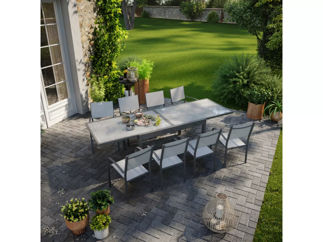 Table de jardin extensible aluminium 270cm + 8 fauteuils empilables textilène anthracite gris - LIO 8