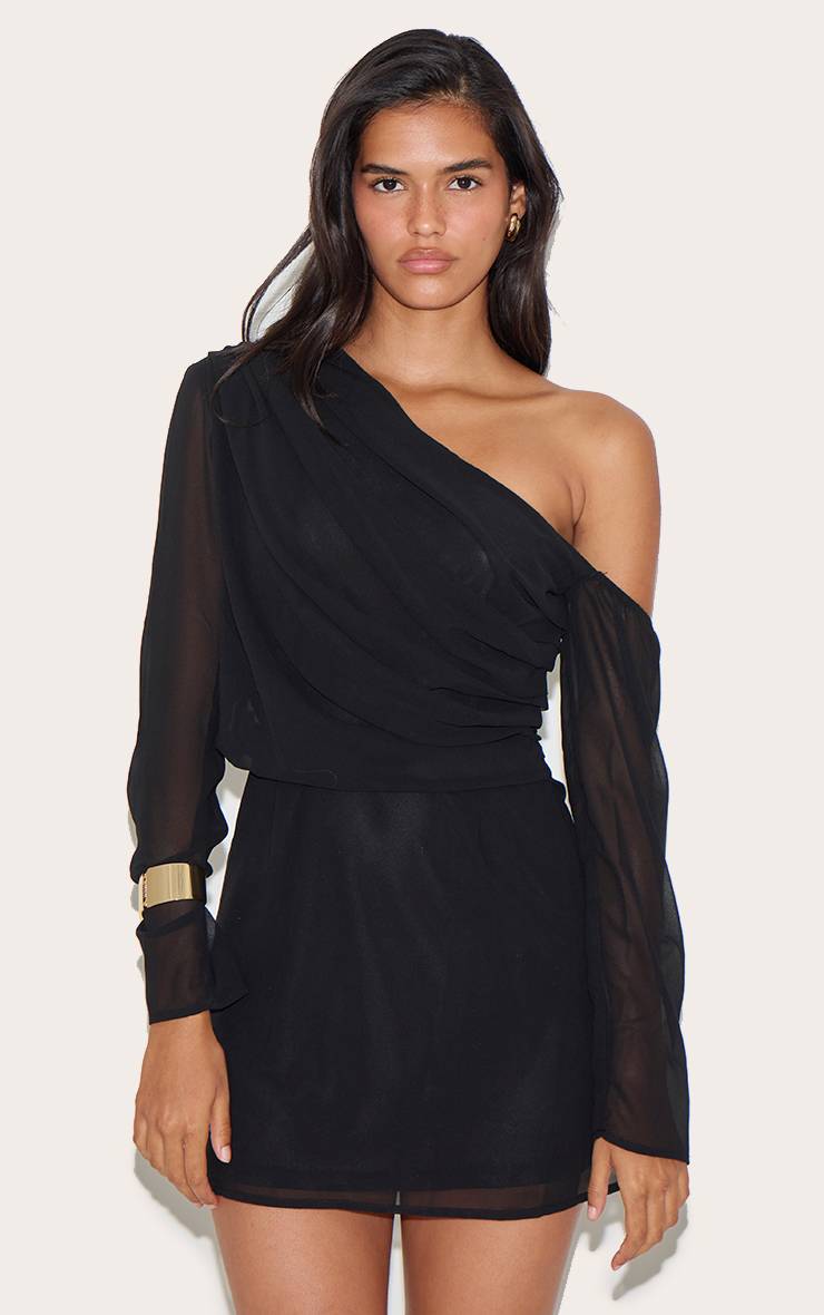 Noir Robe Droite En Mousseline Asymétrique Froncée