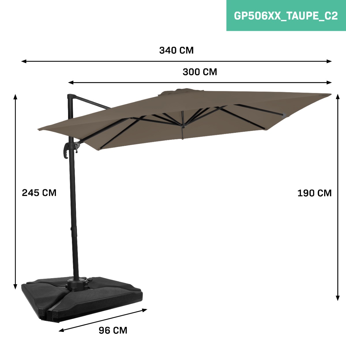 Vonroc Premium Pisogne 300 zweefparasol met 4 tegels - Taupe