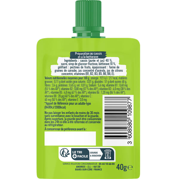 Gels énergétiques ANDROS GEL BOOST ANTIOXYDANT CASSIS BETTERAVE 40G