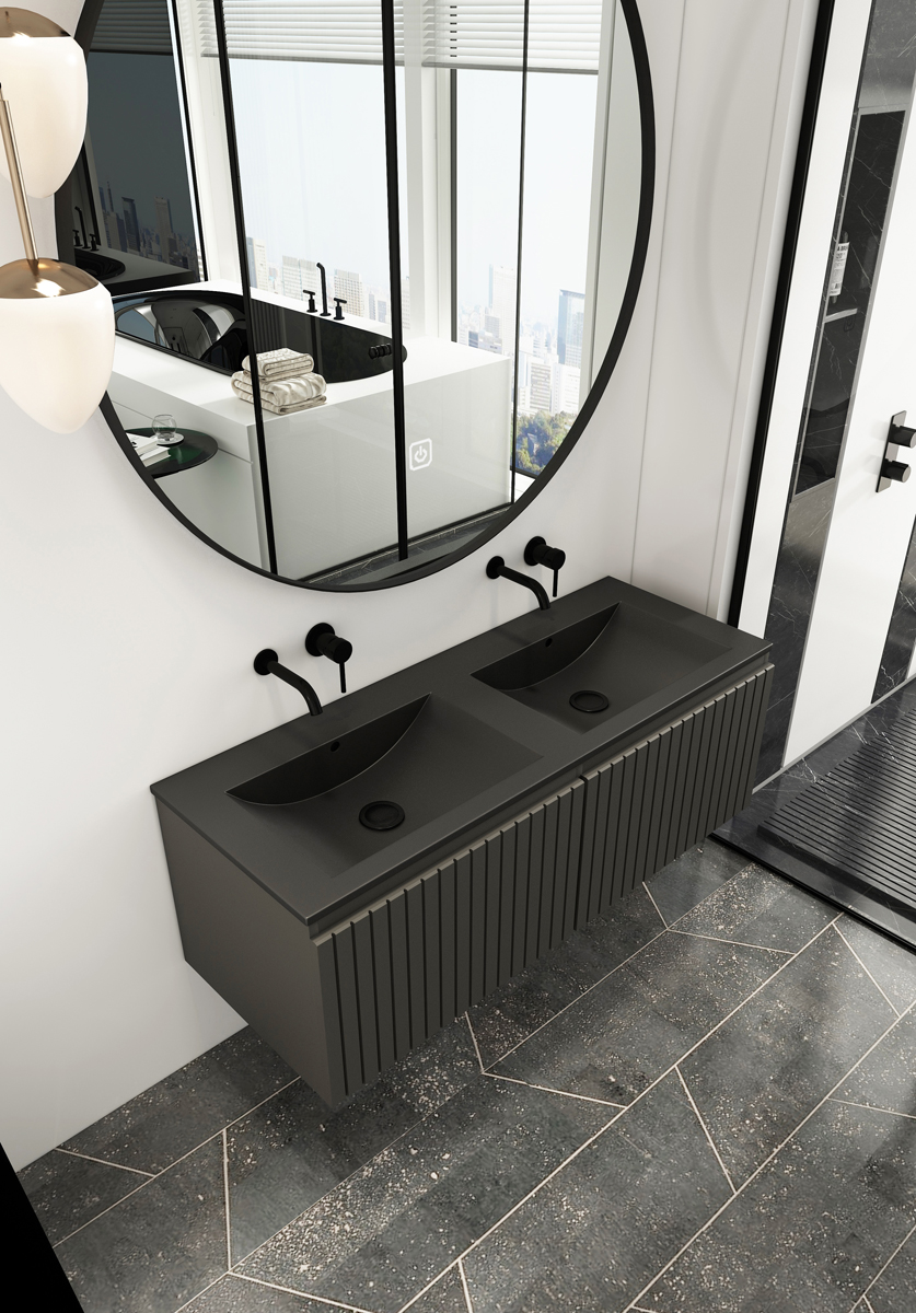 Fontana Lento zwart badmeubel ribbelfront 120cm met zwarte wastafel zonder kraangaten en ronde spiegel