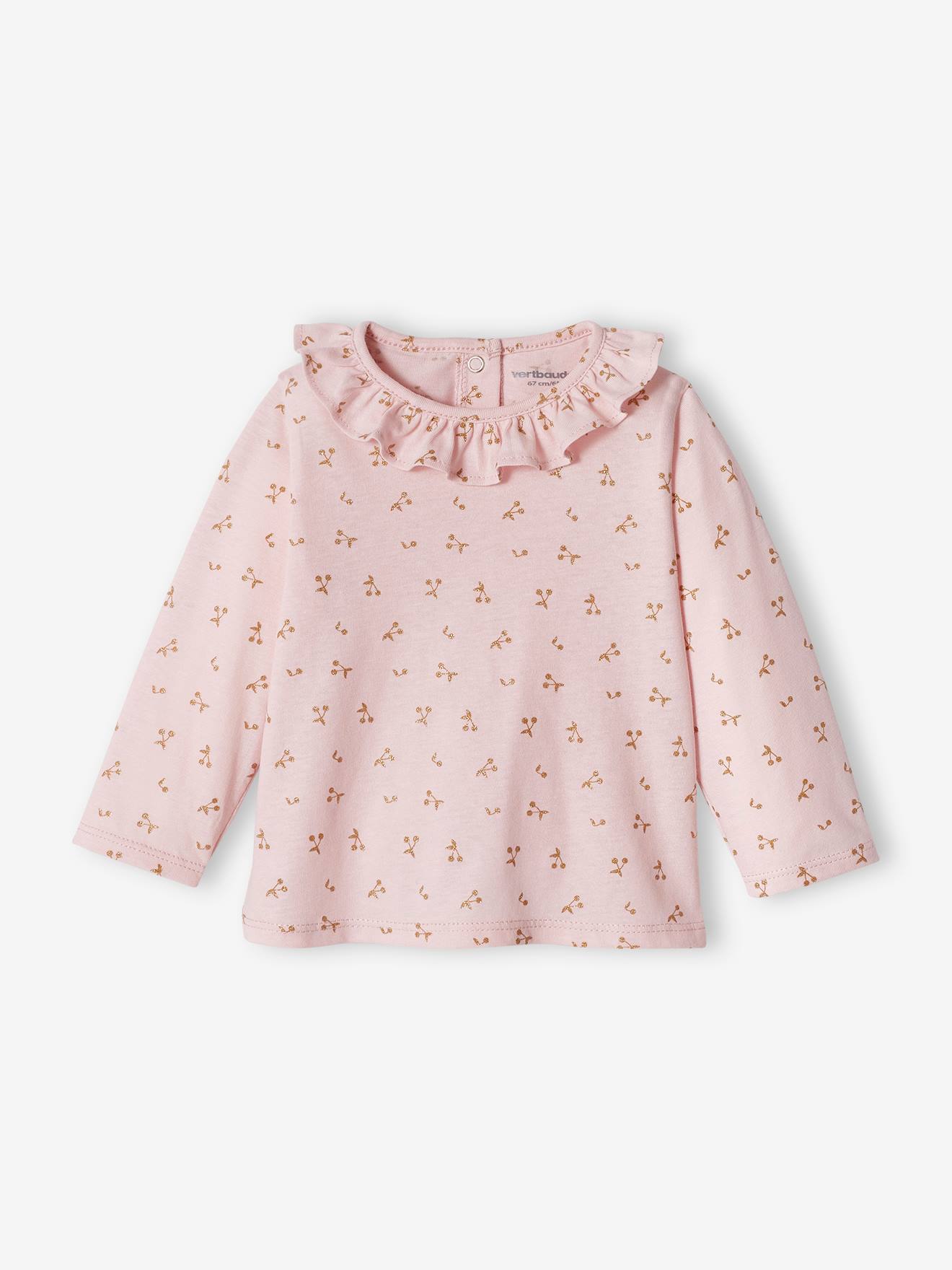 Camiseta personalizável com gola franzida para bebê menina, rosa claro.