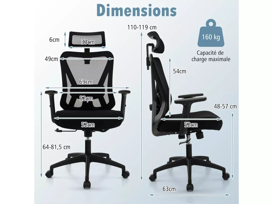 Chaise de Bureau Ergonomique, Fauteuil Bureau Pivotant Réglable en Hauteur, Dossier à Bascule de 90° à 120°, Maille Respirante, Support Lombaire, Appui-tête, Accoudoirs Ajustables, Noir