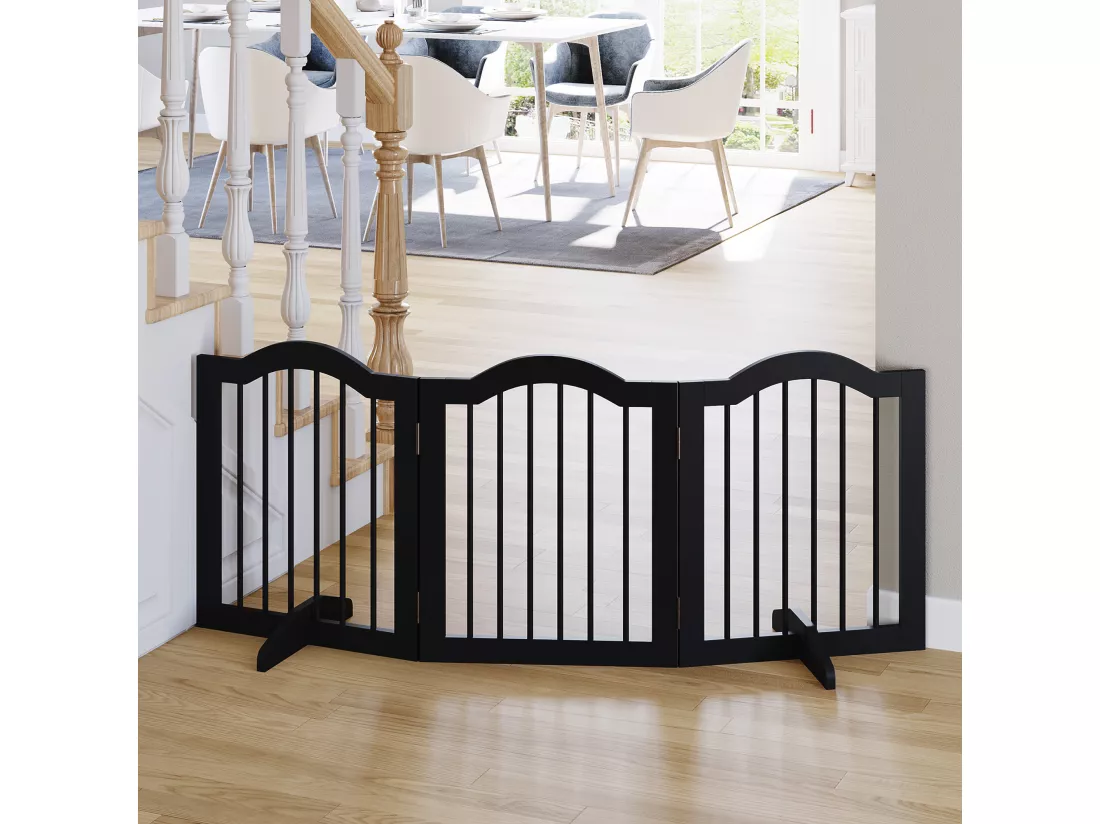 Barrière de sécurité barrière modulable pliable pour animaux de compagnie - piètement support - dim. 154,5L x 61H cm - MDF bois noir