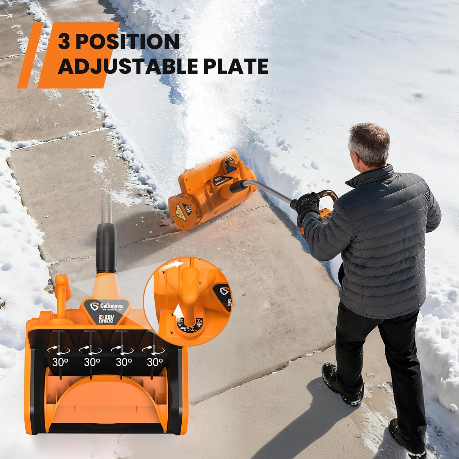 Gogonova 2x20V Akku-Schneefräse, 35 cm Arbeitsbreite, 20 cm Höhe, ±30° Verstellbarer Schneewurf (bis 8 m), Akku-Schneeschaufel mit Zusatzgriff(Inkl. 2x4Ah Akku & 2,2A Doppelladegerät)