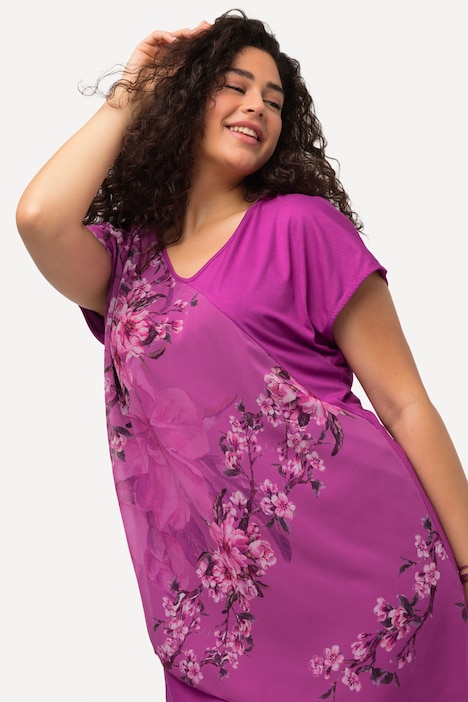 Midikleid, Kirschblüten, V-Ausschnitt, Halbarm