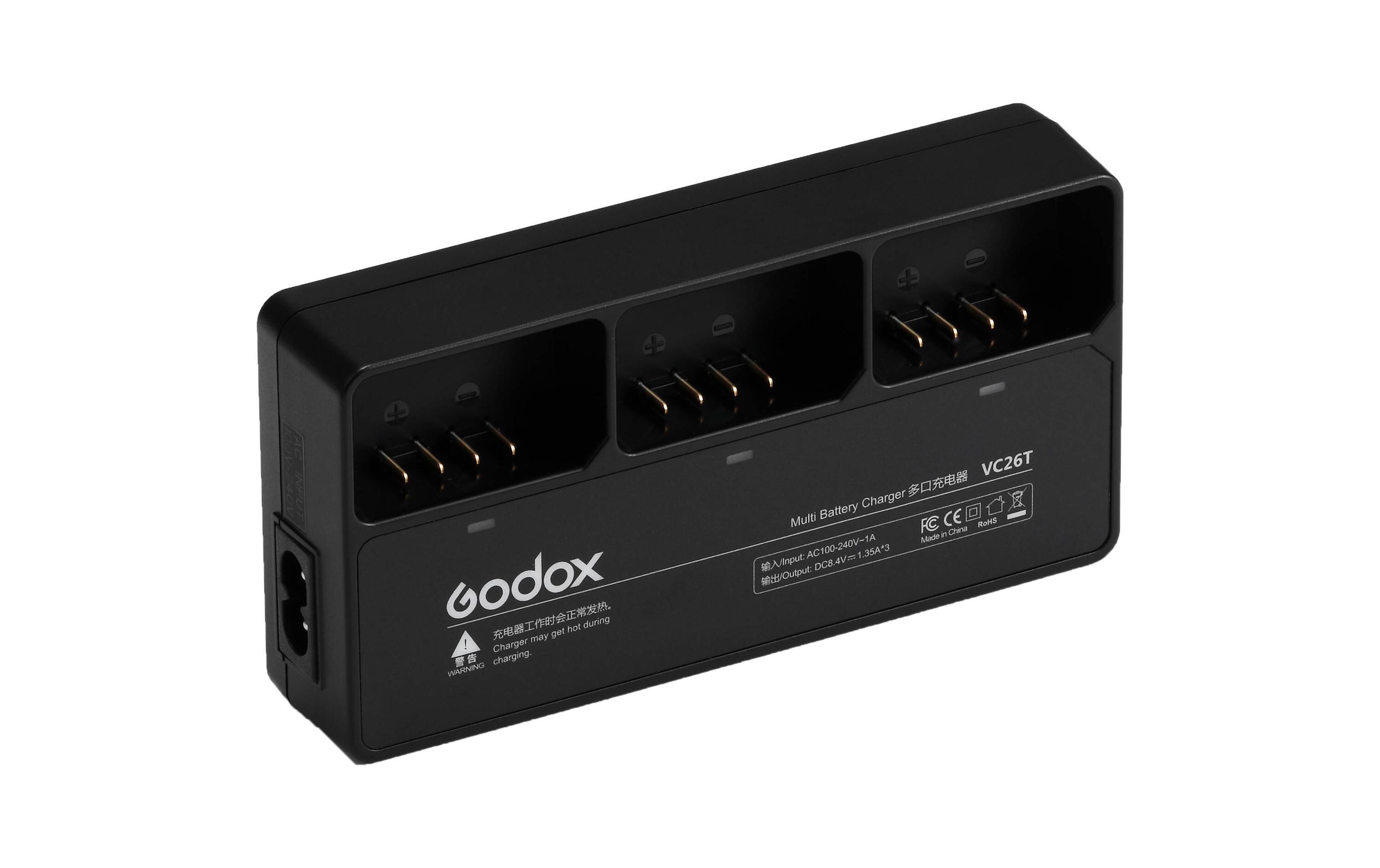 VC26T Multi-Ladegerät für VB26Netzbetriebenes Ladegerät für Godox VB26 Akkus, es ist tragbar und benutzerfreundlich und kann drei Batterien gleichzeitig aufladen