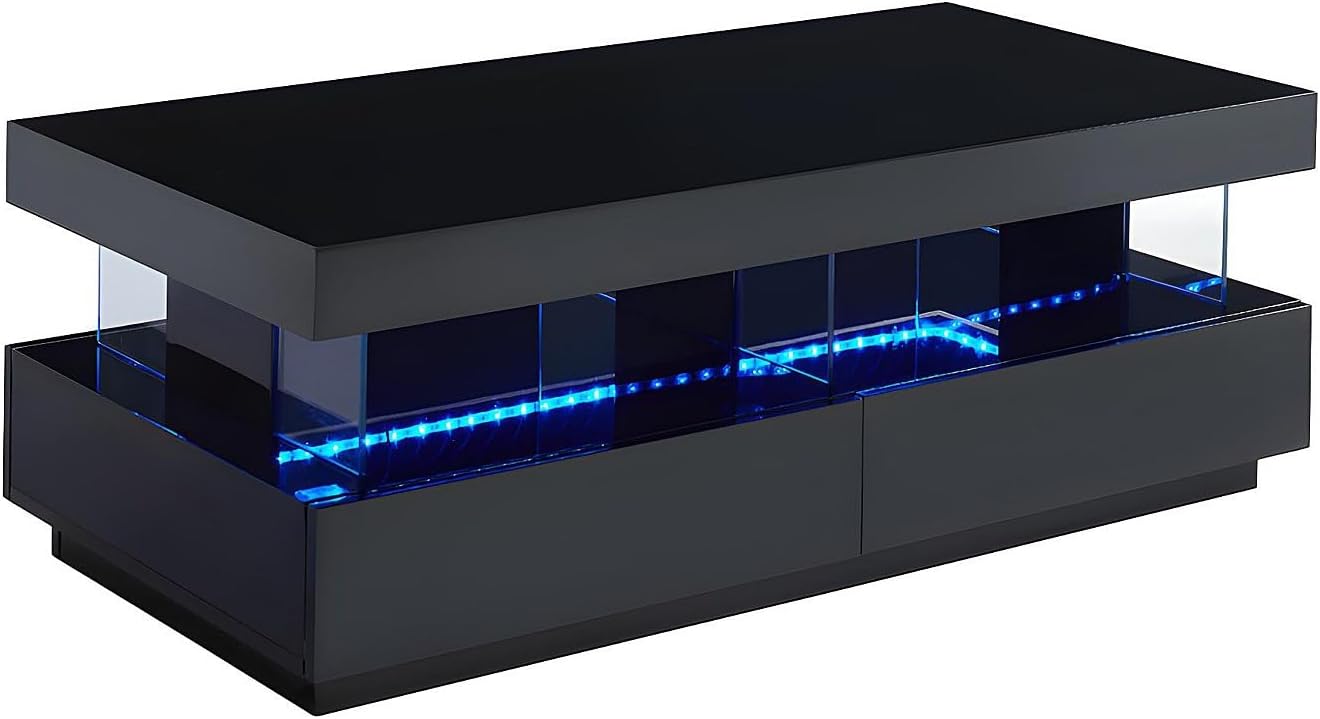 Vente-unique-Couchtisch mit 2 Schubladen + 2 Ablagen + LEDs - MDF lackiert - Schwarz - Fabio