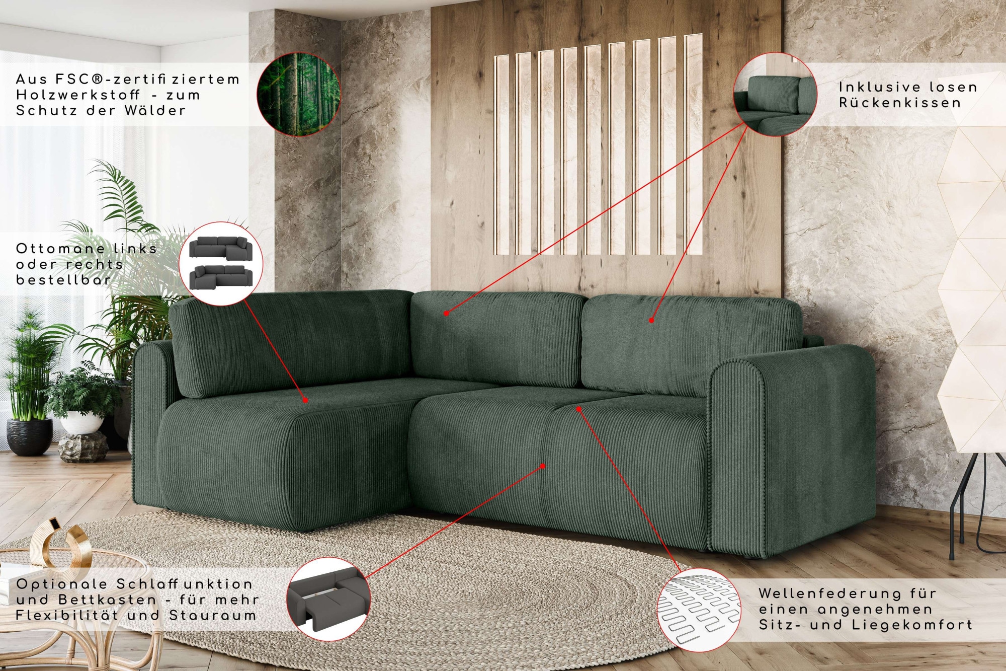 GOODproduct Ecksofa »Zacharia wahlweise Schlafsofa mit Bettkasten, B/T/H 250/166/86 cm« L-Form mit Wellenunterfederung, Ottomane rechts oder links bestellbar