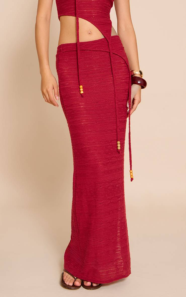 Rouge Jupe Longue Asymétrique À Perles Texturées