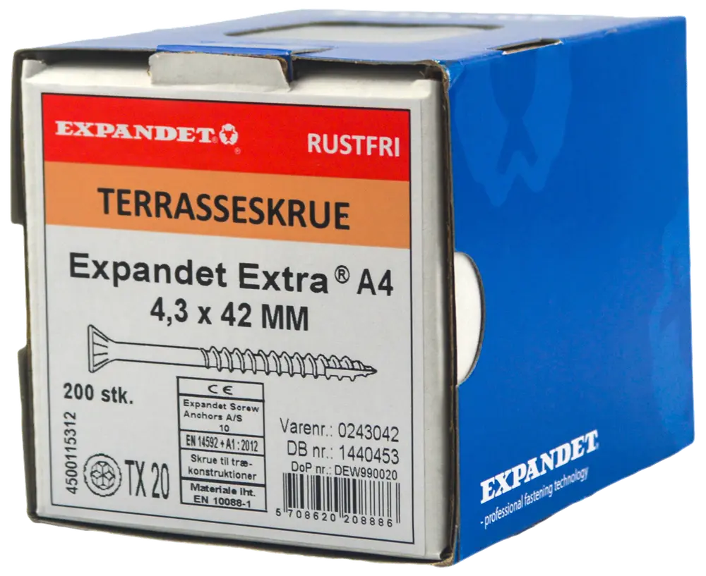 EXPANDET Rustfri A4 skrue 4,3 x 42 mm 200 stk.