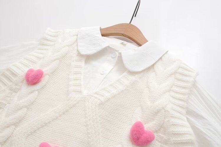 PANDAGO - V-hals trui met hartaccent / effen shirt met lange mouwen / set