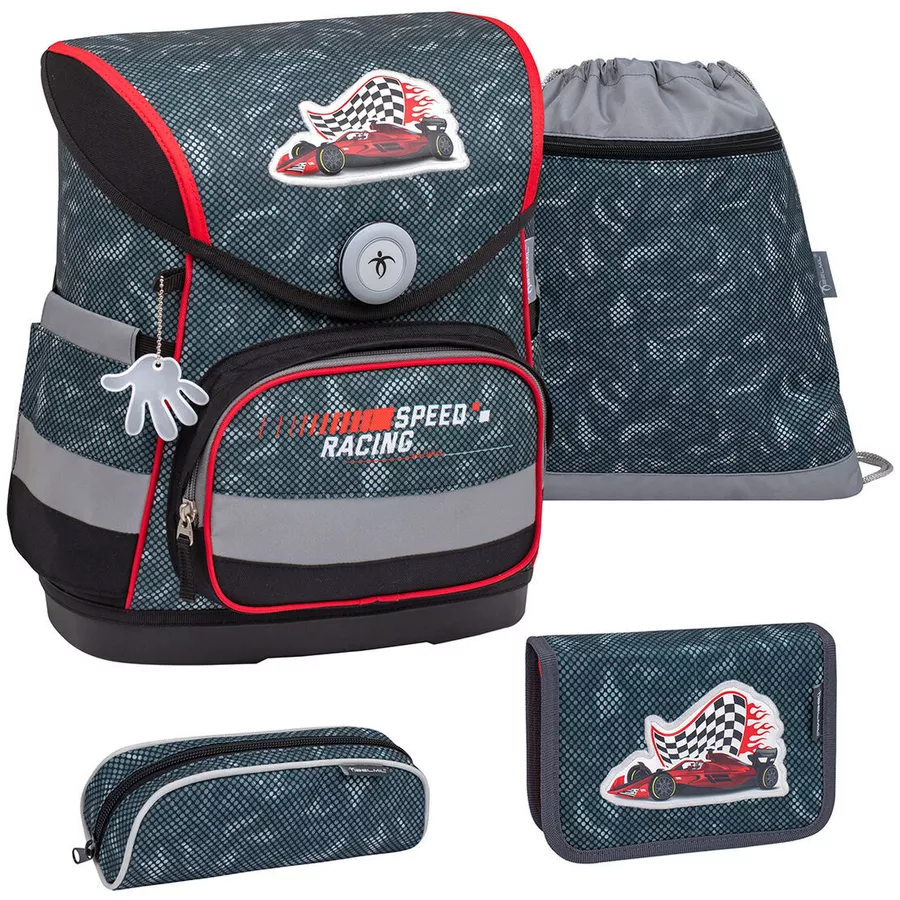 Belmil Schulranzen Compact Schulranzen Set 4-teilig mit Brustgurt Red Dots