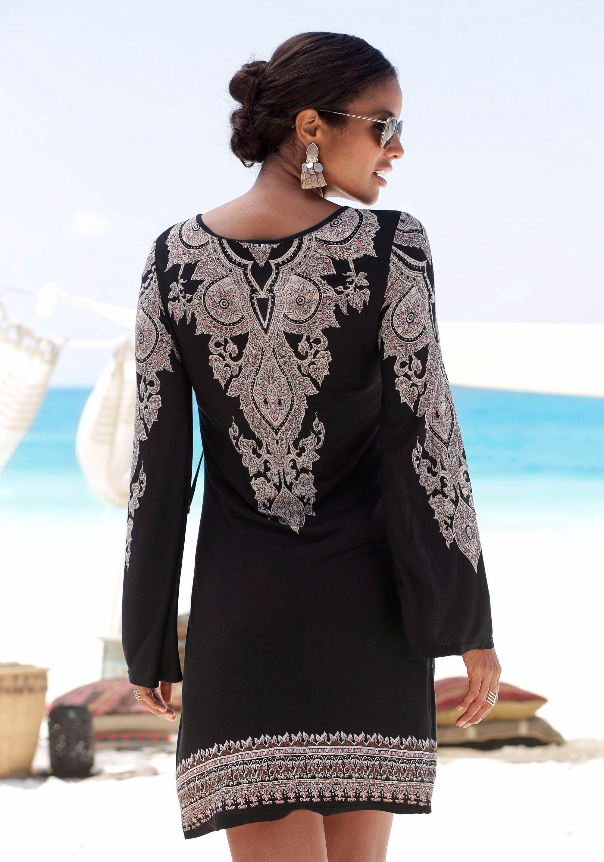 LASCANA Jerseykleid mit Bordürendruck und Schnürung am Ausschnitt, Sommerkleid