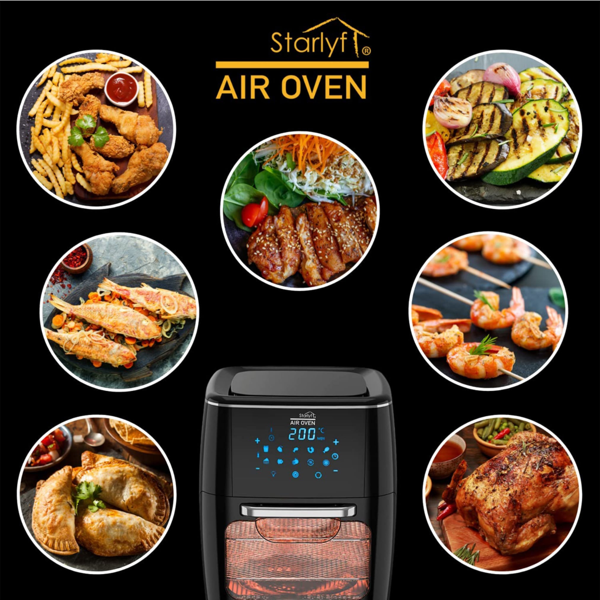 Starlyf® Heißluftfritteuse XL mit Drehspieß - Backofen & Fritteuse Air Oven 3in1