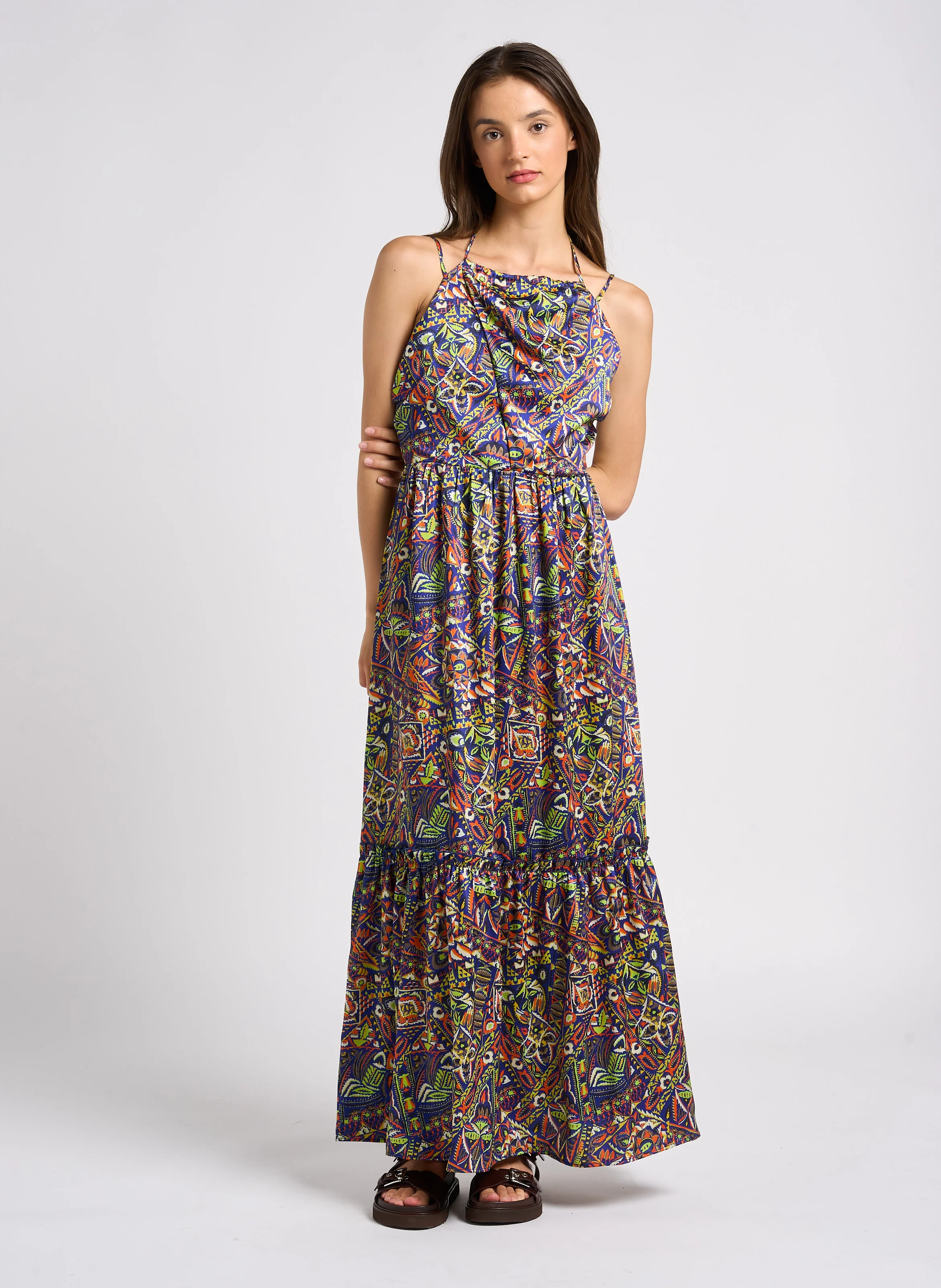 Robe longue droite imprimée | Bleu