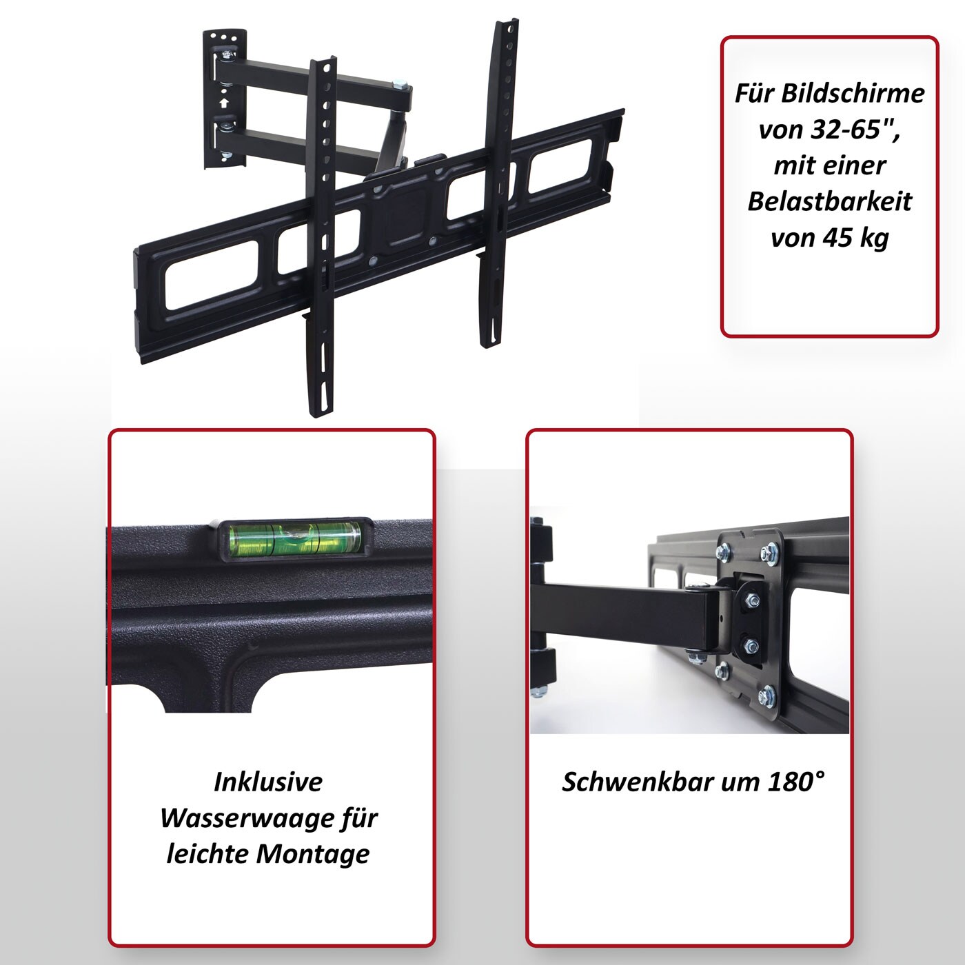 TV-Wandhalterung MCW-C94, Monitor-Halterung, kaltgewalzt neigbar schwenkbar ausziehbar 32 48 65 Zoll