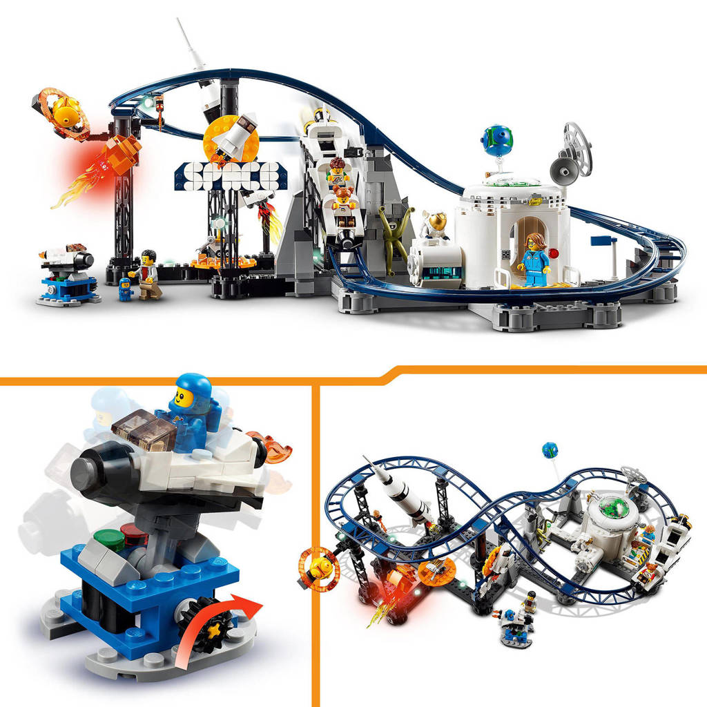 ruimte3-in-1 Ruimteachtbaan Ruimte Set met Rollercoaster, Vrijevaltoren en Draaimolen 31142