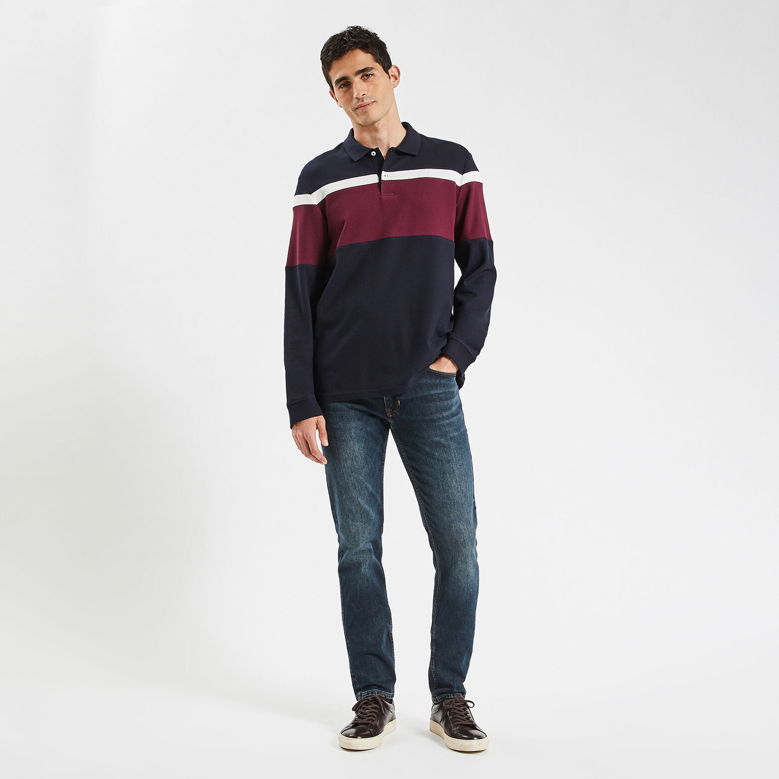 Polo à manches longues colorblock Bleu foncé