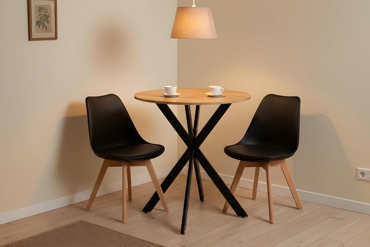 SAM Esszimmertisch Kahlo | Ø 70 cm | Holz | Farbe Eiche | 15 mm | Bistrotisch rund | Esstisch mit stabilem Metallgestell | Moderne Kreuzform