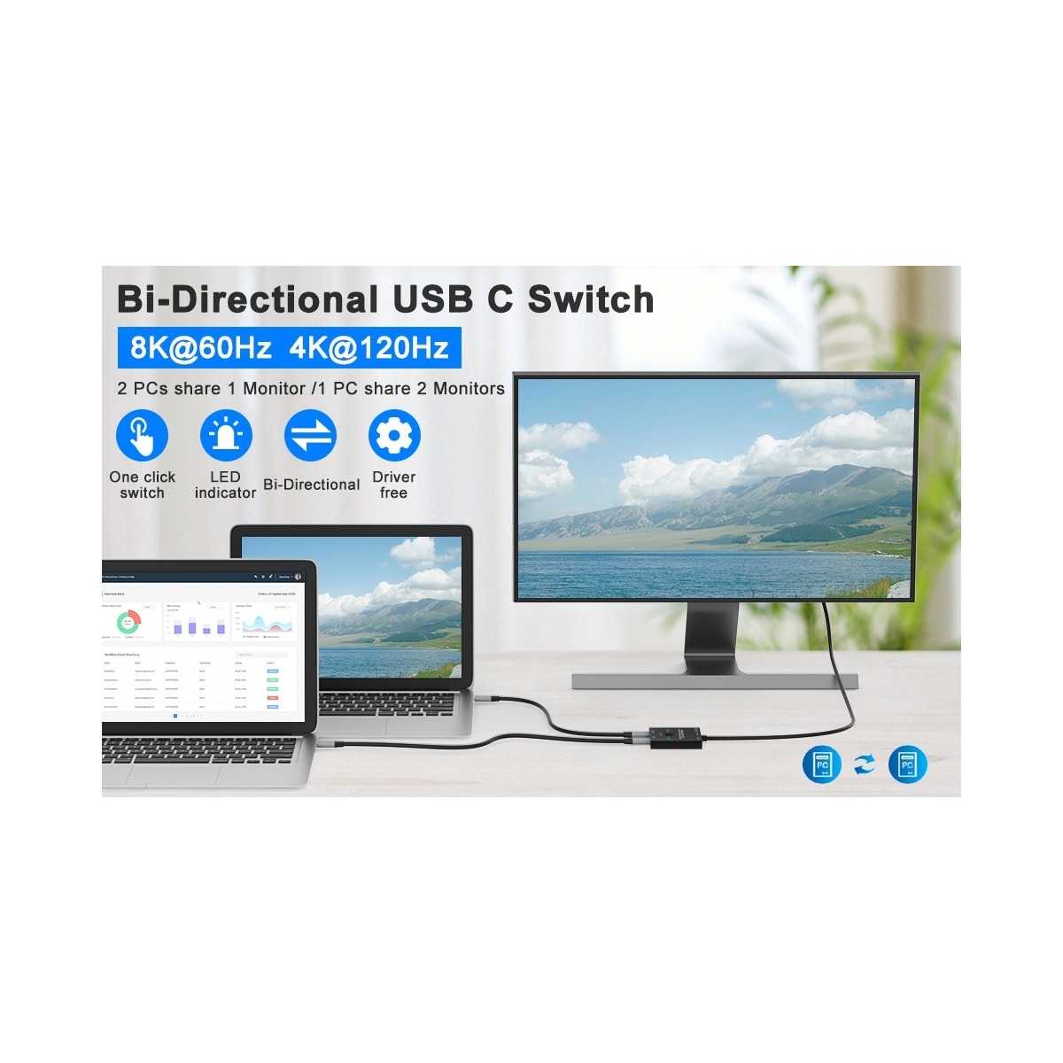 NÖRDIC USB-C 2 til 1 bryter & 1 til 2 splitter, 8K/60Hz 4K/144Hz 100WPD 10Gbps Data+Video+PD