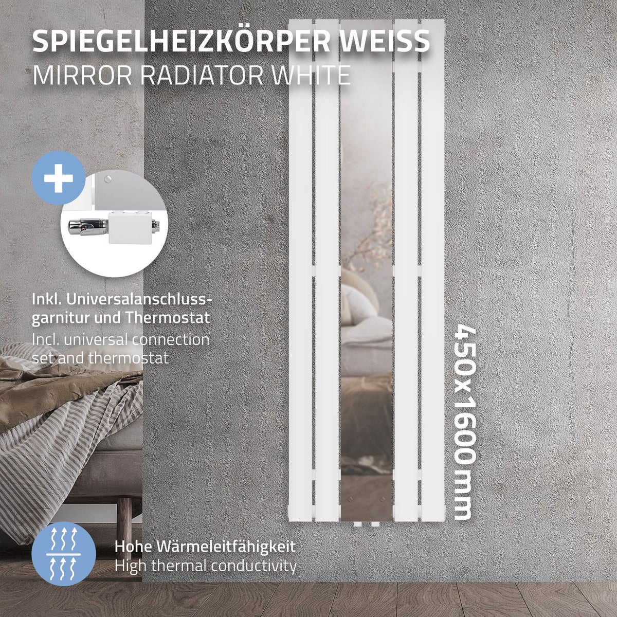 ML-Design Badkamerradiator Vlak Middenaansluiting 1600x450 mm Wit met Spiegel Aansluitfitting Universele Hoek- en Doorloopvorm Multiblok Thermostaat Paneelradiator Spiegelradiator Glasradiator