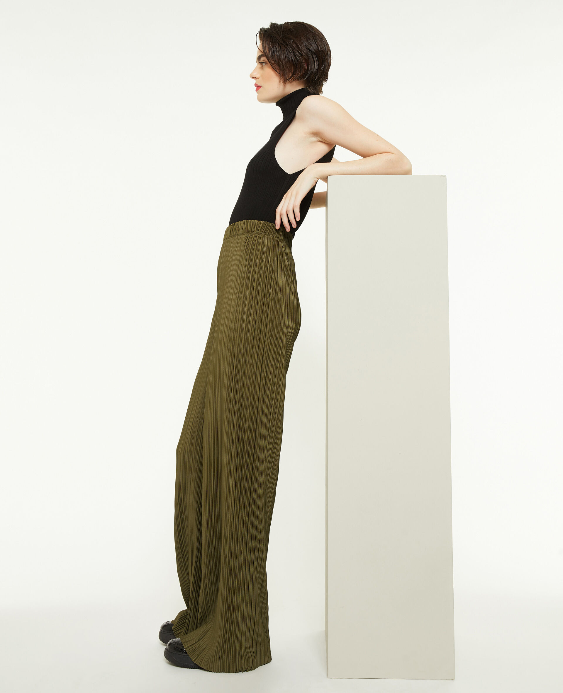 Pantalon large maille plissée - Vert kaki