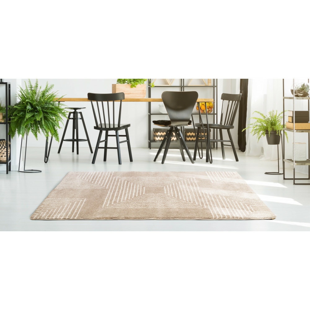 Tapis salon, chambre, cuisine beige/marron à poils longs shaggy doux motifs géométrique blanc 100x150cm