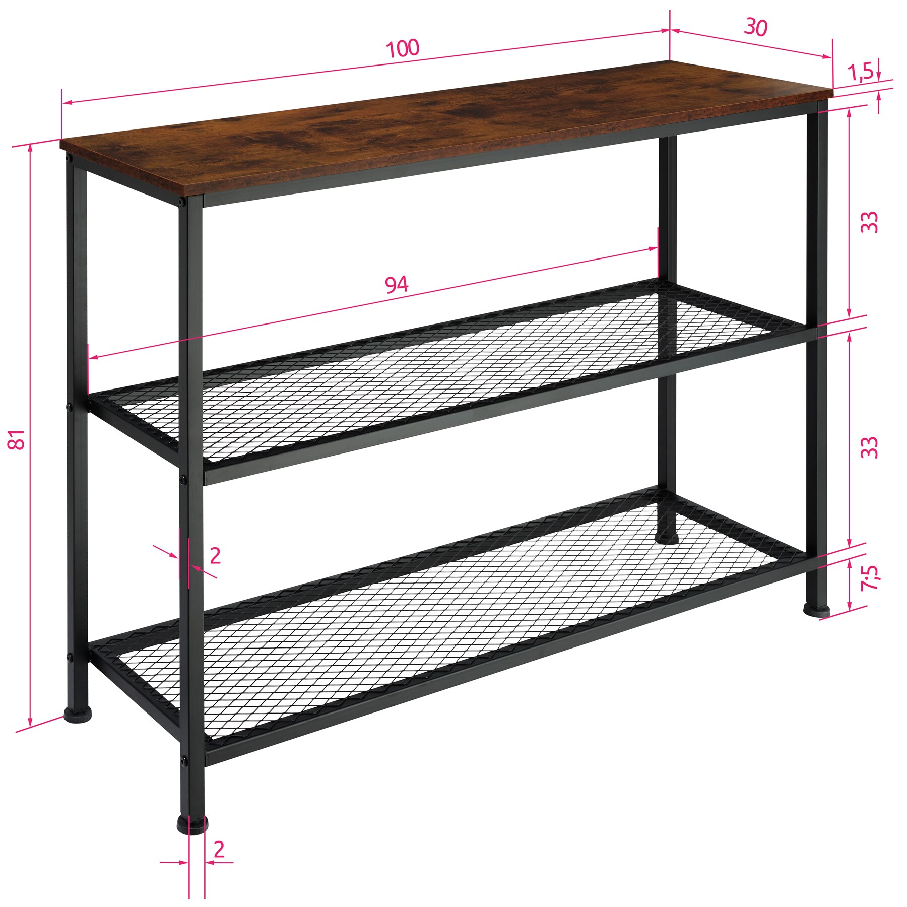 tectake® Konsolentisch, Industrial Style, mit Ablage und 2 Gitterablagen, 100 x 30 x 81 cm