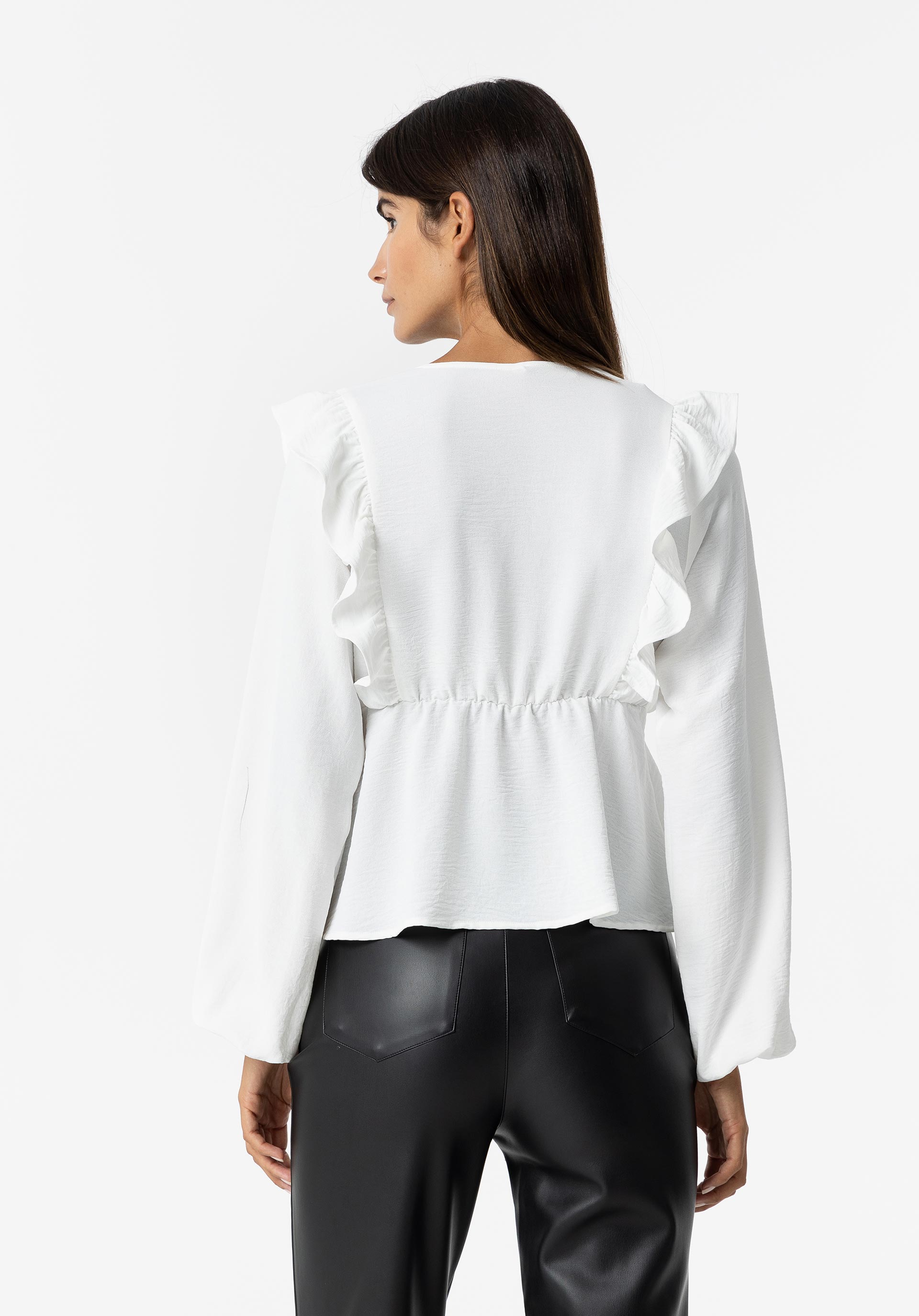 Blusa Efeito Enrugado Cruzada com Folho