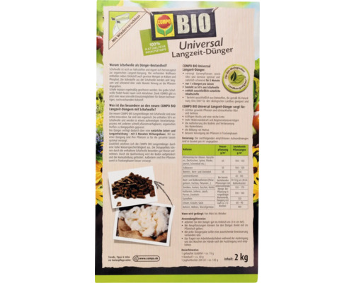 COMPO BIO Universele langzaamwerkende meststof met schapenwol, 100% natuurlijke ingrediënten, 2 kg, voor alle tuinplanten, 5 maanden langzaamwerkende werking