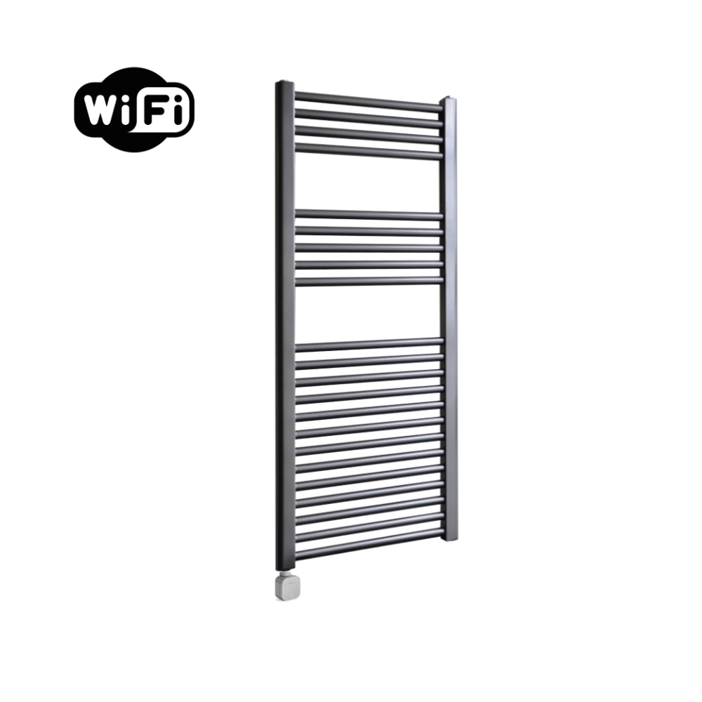 Sanicare Carini elektrische Wifi radiator 112x60cm gunmetal met thermostaat chroom linksonder