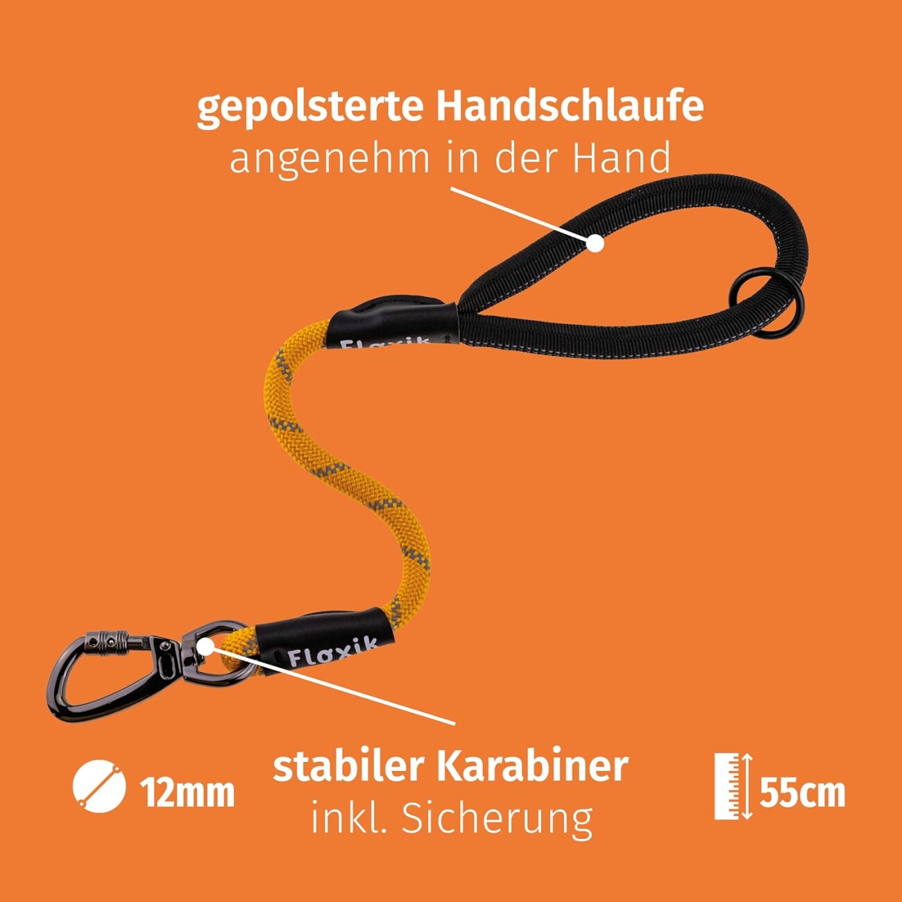 Floxik Kurzführer für Hunde - Kurzleine aus Kletterseilmaterial orange L