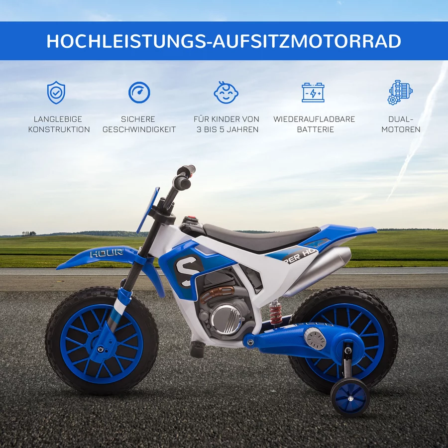 HOMCOM Kinder Elektromotorrad mit 2 abnehmbaren Stützrädern blau