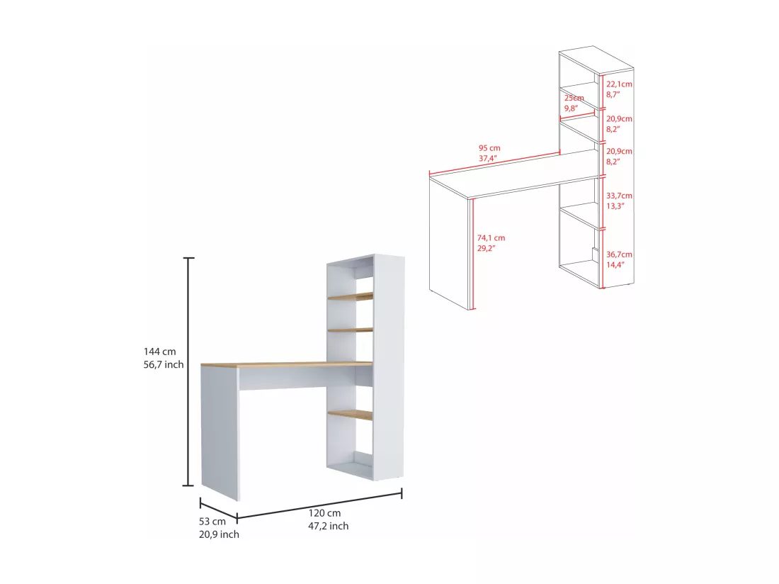 Bureau Informatique Z 120 avec 4 étagères, 144 cm à x 120 cm le x 53 cm P. Blanco