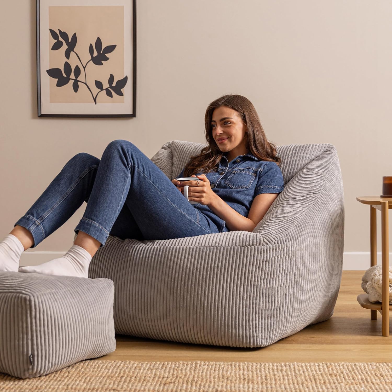 Icon Natalia Sitzsack Sessel mit Hocker für Erwachsene, Grau, Flauschiger Cord Stoff, Riesen Sitzsack Cord mit Füllung, Bean Bag Chair, Bequemer Sessel Wohnzimmer, Lounge, Schlafzimmer, Büro