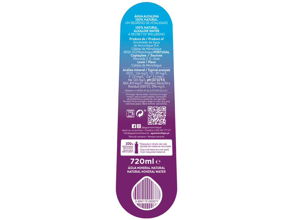 ÁGUA MONCHIQUE MINERAL NATURAL SPORT 100% RECARGA 0.72L