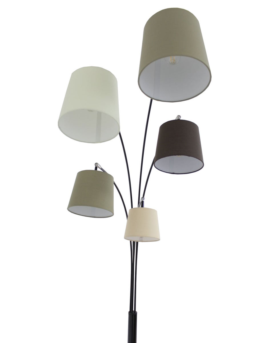 Nivia 5-armige boogvloerlamp, zwart, stoffen kappen in bruine tinten, 225 cm, 11041