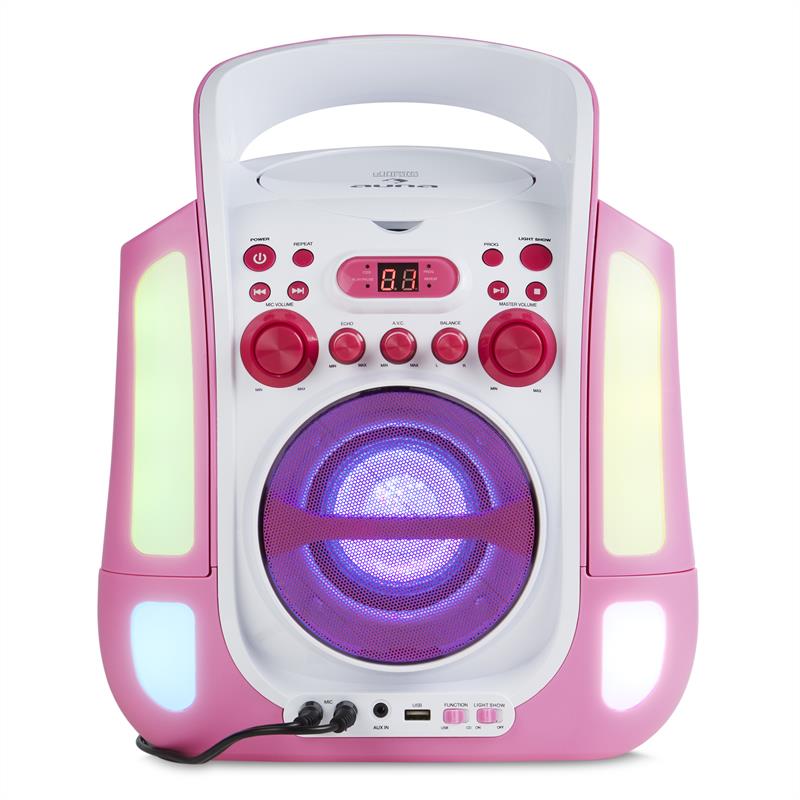Kara Illumina Karaokeanlage CD USB MP3 LED-Lichtshow 2x Mikrofon mobil Pink