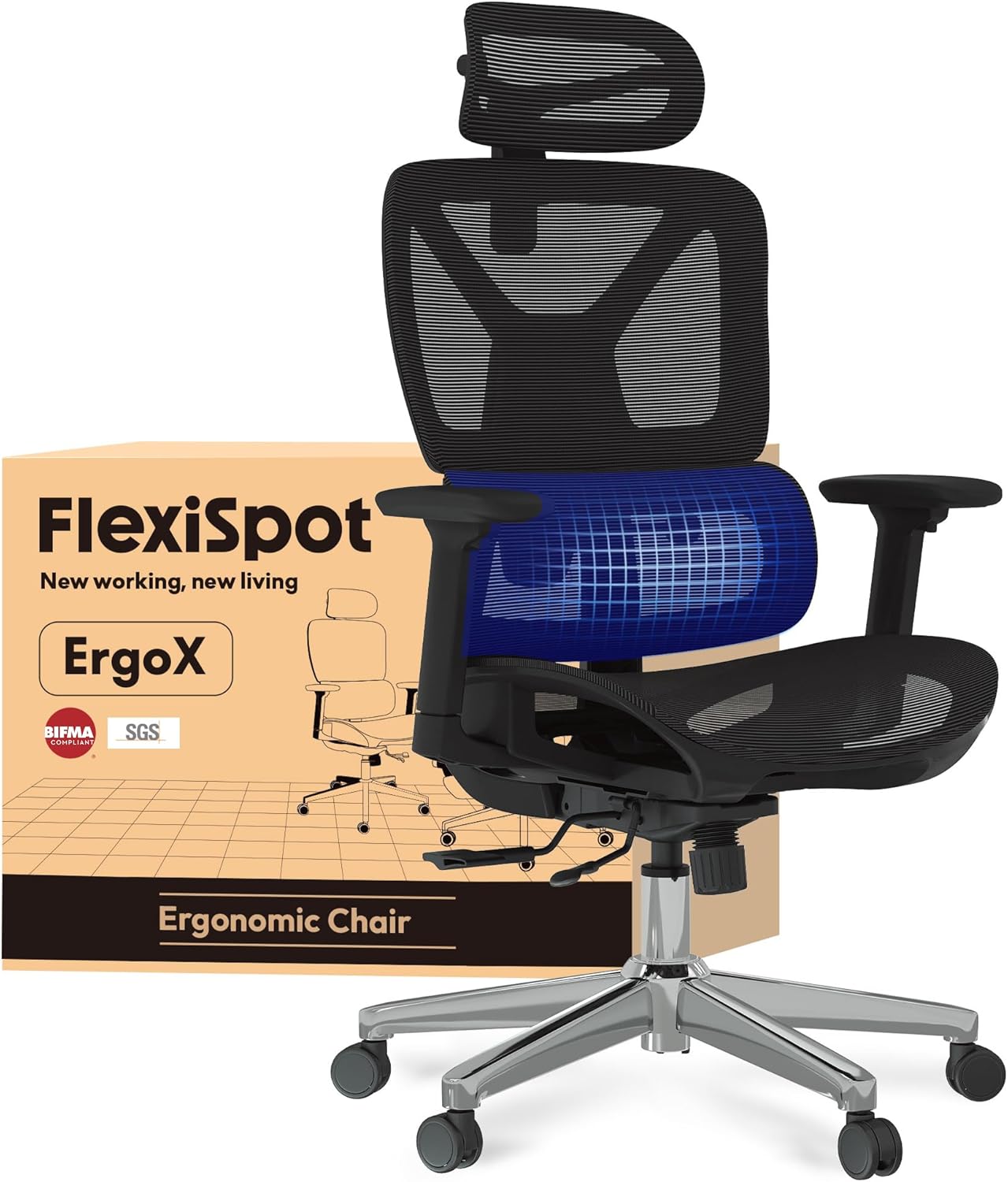FLEXISPOT Ergonomischer Bürostuhl Schreibtischstuhl, 3D-Armlehnen, 3D-Kopfstütze, 5D-verstellbare Rückenlehne, Atmungsaktiver Sitz Belastbar bis 136 kg Arbeitsstuhl, ErgoX, Schwarz LF9584014