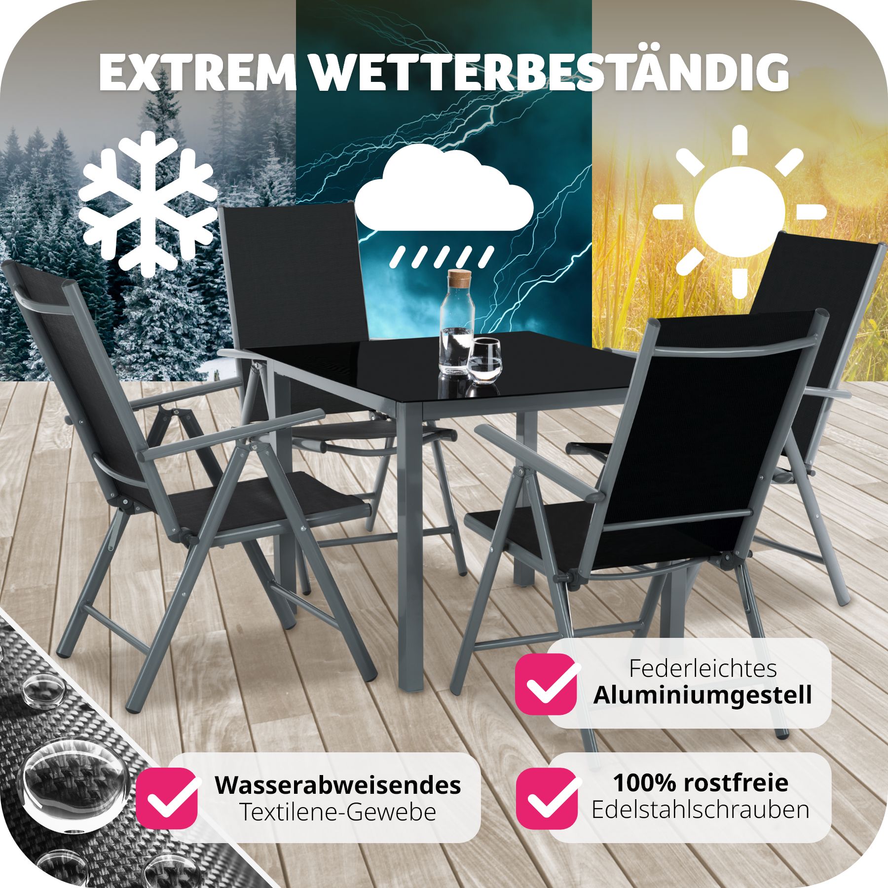 tectake® Sitzgruppe, mit Aluminiumgestell, für 4 Personen, UV-beständig, Tisch mit Sicherheitsglasplatte und Ausgleichsschrauben