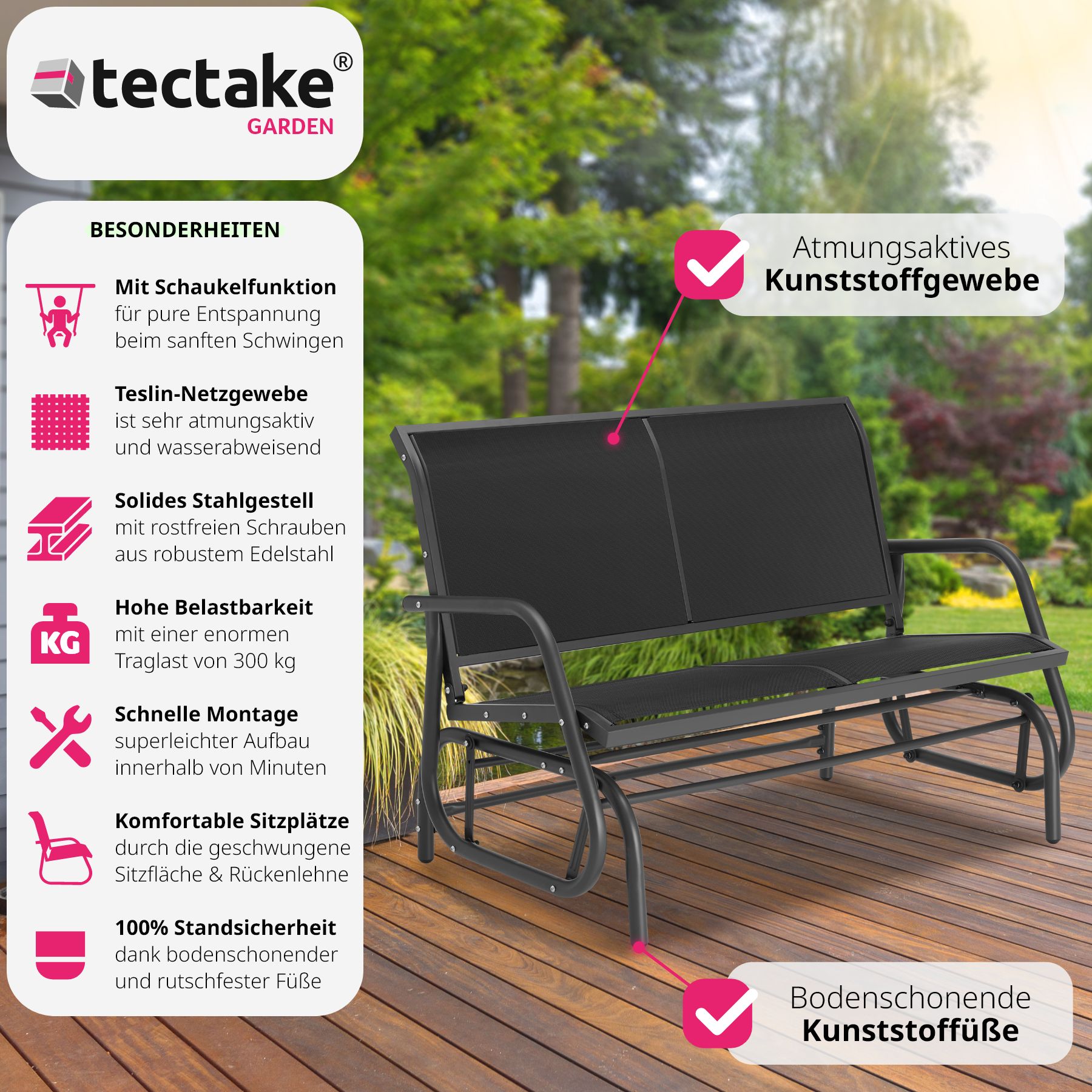 tectake® Schaukelbank, 2-Sitzer, sanfter Schaukelmechanismus, 121 x 72 x 86,5 cm