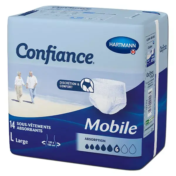 Absorvente Hartmann Confidence Mobile, 6 gotas, tamanho G, pacote com 14 peças de roupa íntima.
