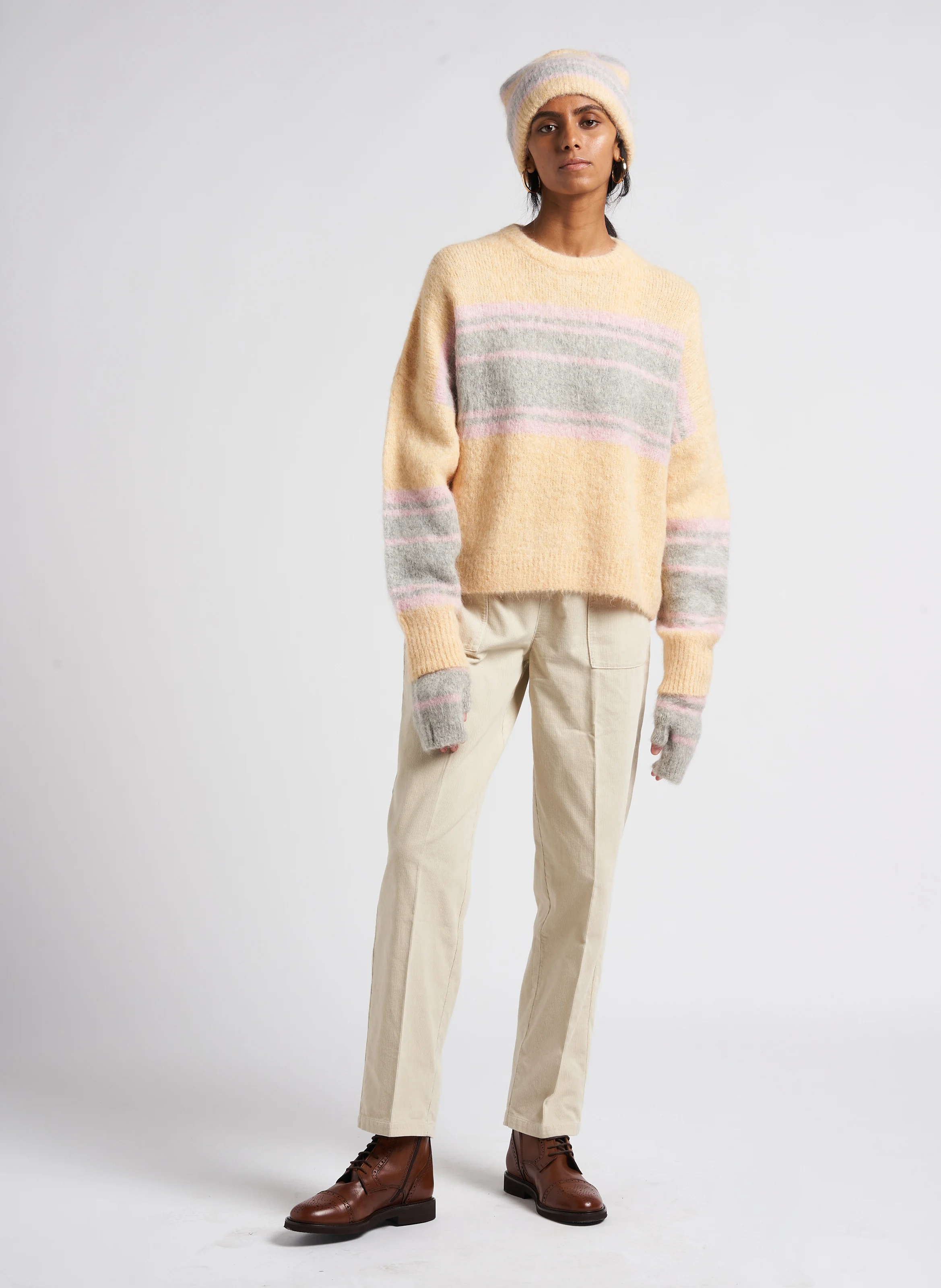 MILA - Pull ample col rond rayé en alpaga mélangé | Gris