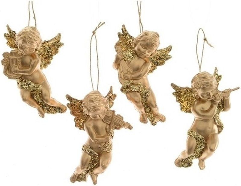 Decoris - Engelen met Muziekinstrumenten - Kerstversiering - Goud - 10 cm - 4 Stuks