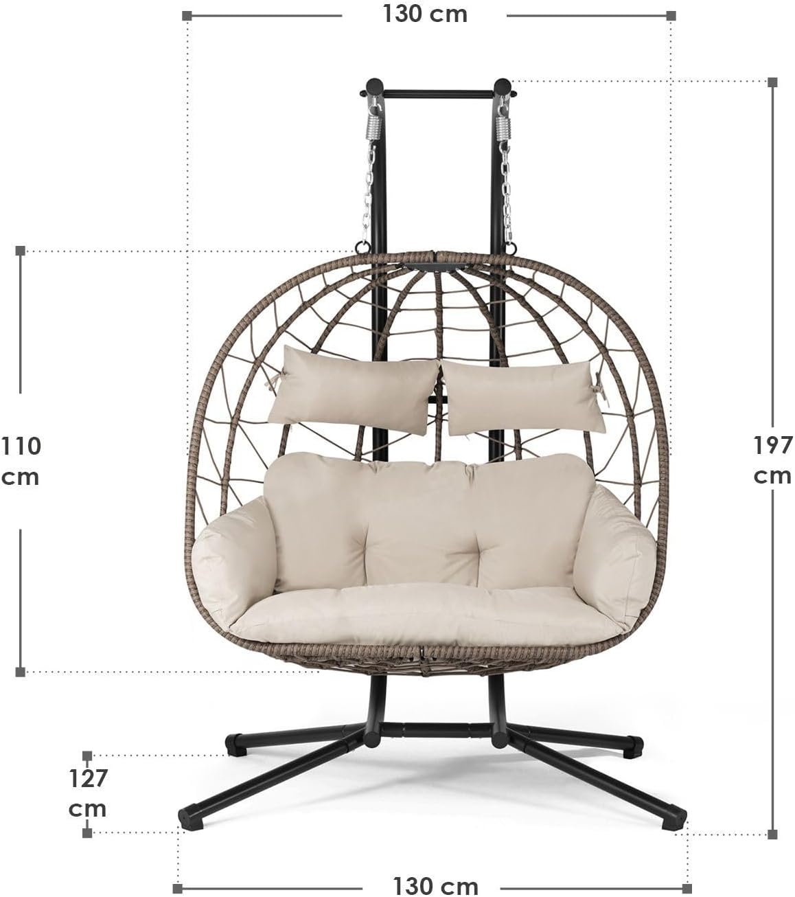 Juskys® Doppelhängesessel Aria - Polyrattan Hängesessel mit Gestell & Kissen - Schaukel für Zwei Personen - Outdoor Indoor Sessel - XXL Korb Beige