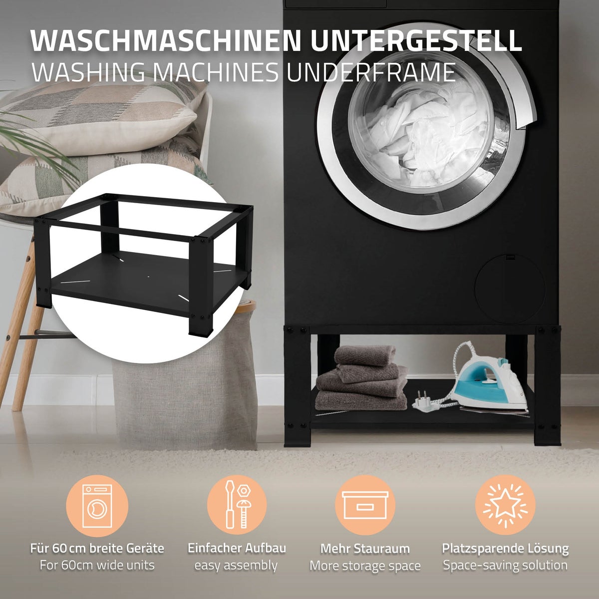 ML-Design Wasmachine Onderstel met Plank 63x54 cm Staal Zwart tot 150 kg, Wasmachinekast, Stabiele Wasmachine Onderstel, 32 cm Hoge Platformverlenging voor Droger/Koelkast Onderstel