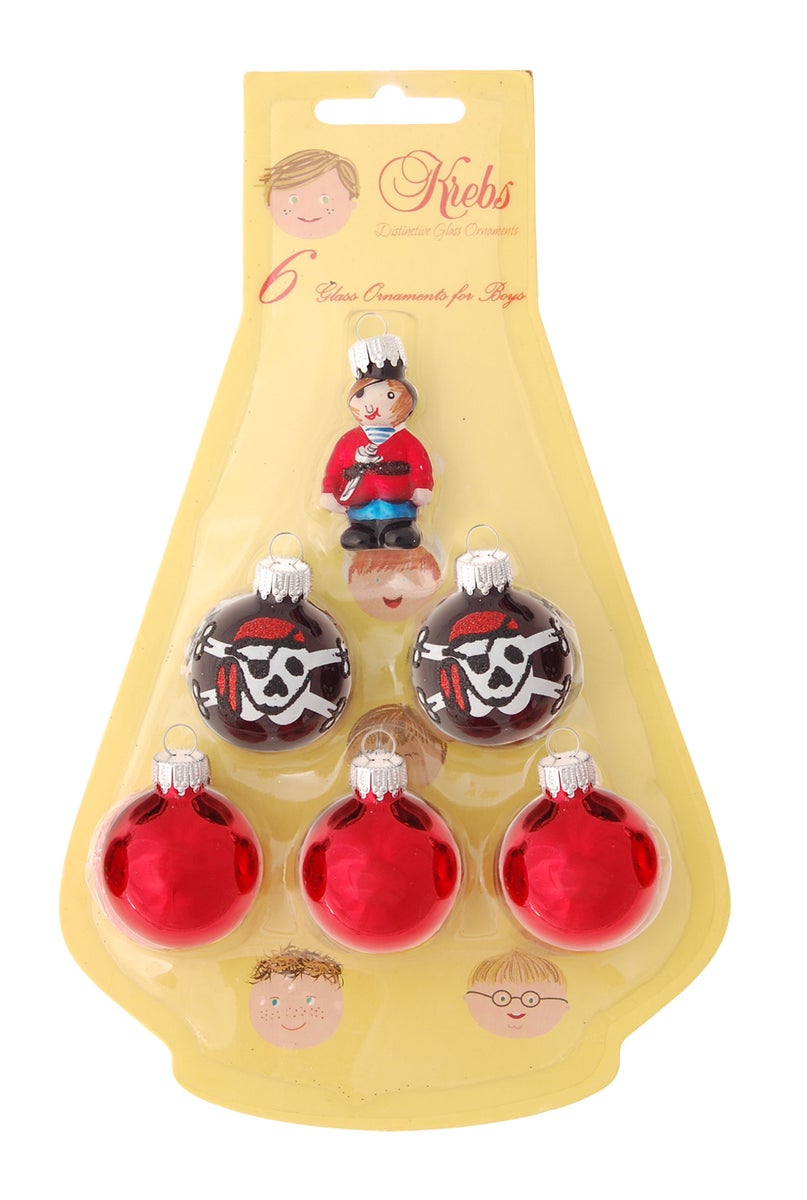 Rood/zwart piratenglasfiguur van 4 cm en 5 glazen ballen, met de hand versierd (6), 6 stuks, kerstballen, kerstversieringen, kersthangers
